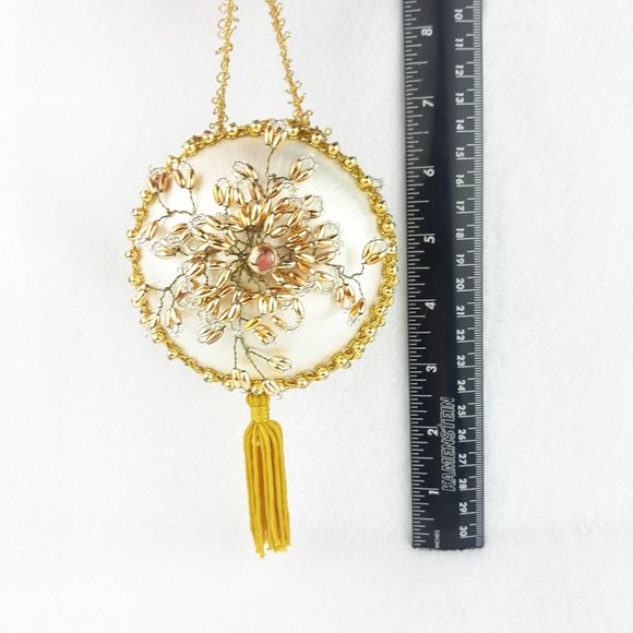 Vintage Satin Beaded Christmas Ornament Cream Gold - Picture 10 of 11
